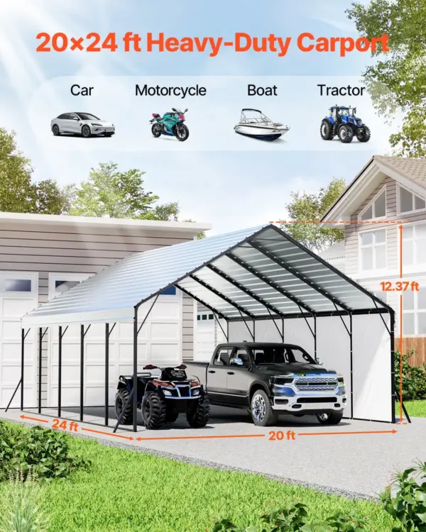 VEVOR Heavy Duty Metal Carport, 20 x 24 ft Outdoor Carport with Sturdy Frame & Roof, Car Garage Shade with Removable Sidewalls, Multi-Use Car Shelter for Pickup, Boat, Trucks & Tractors
