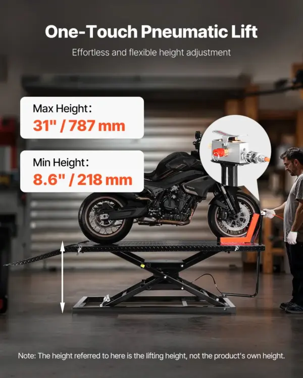 VEVOR Motorcycle Lift Table, 1500lbs Weight Capacity, Pneumatic Motorcycle Jack, 8.6-31 in Height Range, Heavy Duty Bike Repair Stand with Removable Workbench, Repair Platform for ATVs, Dirt Bike