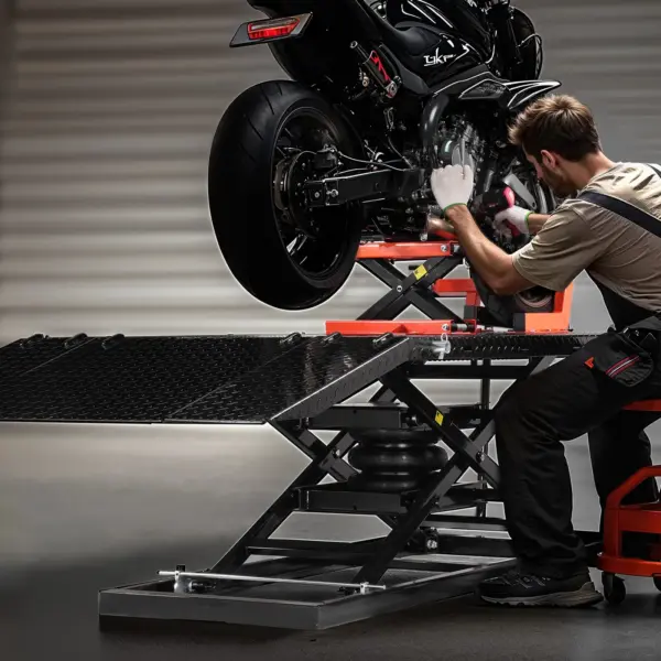 VEVOR Motorcycle Lift Table, 1500lbs Weight Capacity, Pneumatic Motorcycle Jack, 8.6-31 in Height Range, Heavy Duty Bike Repair Stand with Removable Workbench, Repair Platform for ATVs, Dirt Bike