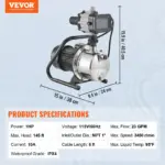 VEVOR Shallow Well Pump, 1HP 115V, 1200 GPH 145 ft Head, Portable Stainless Steel Sprinkler Booster Jet Pumps with Automatic Controller for Garden Lawn Irrigation system, Water Transfer
