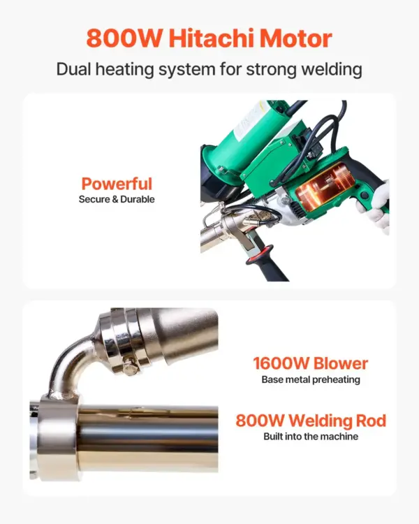 VEVOR Handheld Plastic Welding Extruder, 800W Hitachi Motor Extrusion Welding Gun - 0.79 in Weld Width & 360 Nozzle, Dual Heating System PP PE PVC HDPE Extrusion Welder for Membrane Pipe Plate