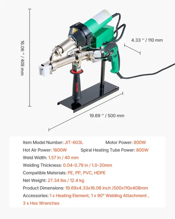VEVOR Handheld Plastic Welding Extruder, 800W Hitachi Motor Extrusion Welding Gun - 0.79 in Weld Width & 360 Nozzle, Dual Heating System PP PE PVC HDPE Extrusion Welder for Membrane Pipe Plate