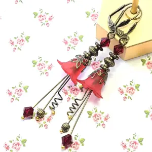 Vintage Victorian Style Siam Red and Antique Bronze Bell Flower Lucite Earrings