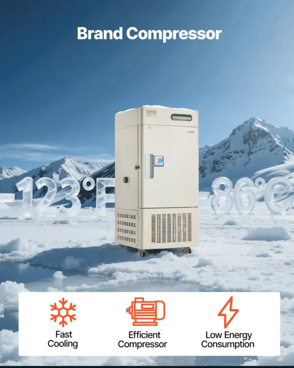 VEVOR Ultra Low Temperature Freezer, 28 L, 40 to 123 Adjustable Temp Range, with Rollers and Digital Display, 304 Stainless Steel Liner, Low Temperature Lab Freezer for Laboratory Samples Storage