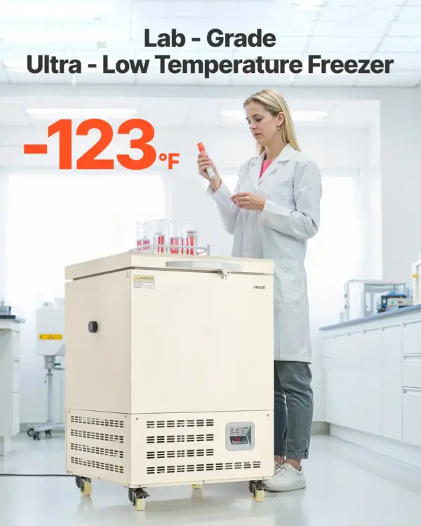 VEVOR Ultra Low Temperature Freezer, 58 L, 40 to 123 Adjustable Temp Range, with Rollers and Digital Display, 304 Stainless Steel Liner, Low Temperature Lab Freezer for Laboratory Samples Storage