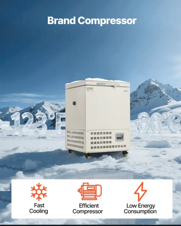 VEVOR Ultra Low Temperature Freezer, 58 L, 40 to 123 Adjustable Temp Range, with Rollers and Digital Display, 304 Stainless Steel Liner, Low Temperature Lab Freezer for Laboratory Samples Storage
