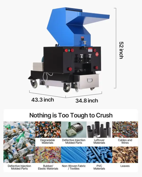 VEVOR Plastic Shredder Crusher, 10HP/7.5KW Plastic Bottle Grinder Granulator, 250-450kg/h Capacity Pulverizer Recycling Machine with Wheels, SDK-11 Blade & 10mm Mesh for PVC PTFE (220V 60Hz 3-Phase)