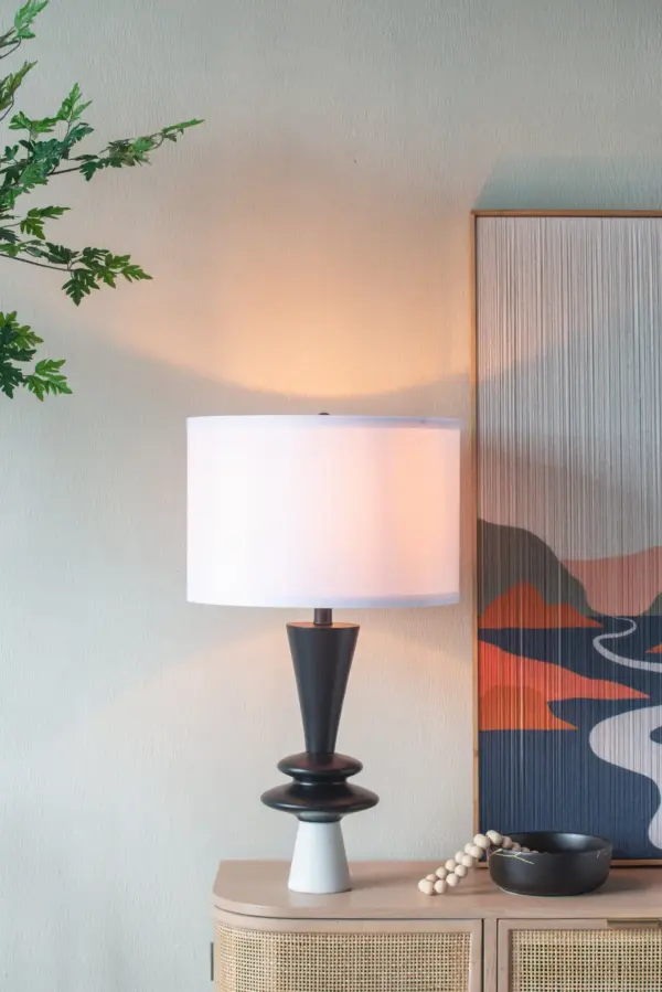 D15x26.7' Black Aluminum Table Lamp with Two Varying Disc Accents and White Shade(Lamp Shade Assembly Required)