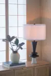 D15x26.7' Black Aluminum Table Lamp with Two Varying Disc Accents and White Shade(Lamp Shade Assembly Required)
