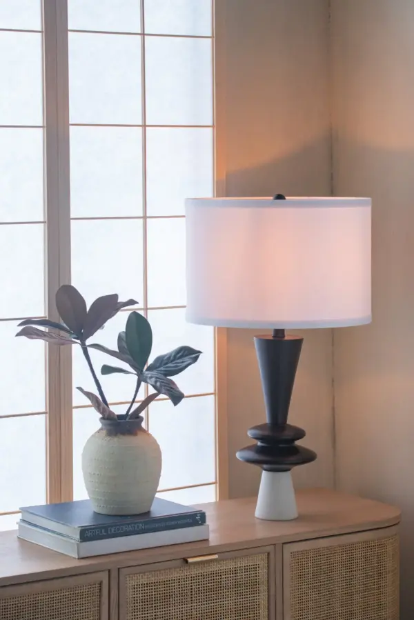 D15x26.7' Black Aluminum Table Lamp with Two Varying Disc Accents and White Shade(Lamp Shade Assembly Required)
