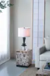 D15x26.7' Black Aluminum Table Lamp with Two Varying Disc Accents and White Shade(Lamp Shade Assembly Required)