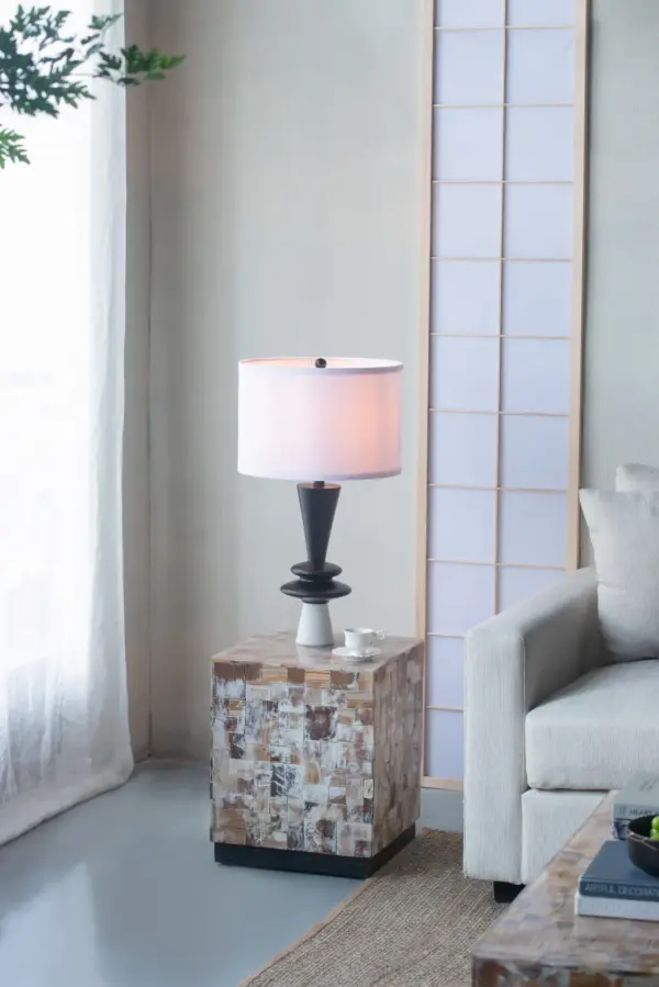 D15x26.7' Black Aluminum Table Lamp with Two Varying Disc Accents and White Shade(Lamp Shade Assembly Required)