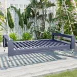 Twin Size Porch Swing Bed Seating Group, Patio Acacia Wood Swing Frame with Hemp Ropes for Garden, Backyard, Gray