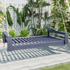 Twin Size Porch Swing Bed Seating Group, Patio Acacia Wood Swing Frame with Hemp Ropes for Garden, Backyard, Gray