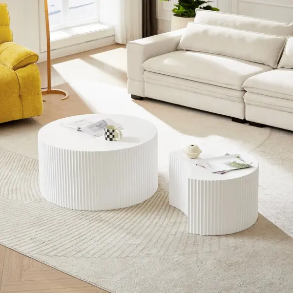 White Nesting table set of 2, Handcraft Relief MDF Coffee Table for Living Room/Office/Leisure Area