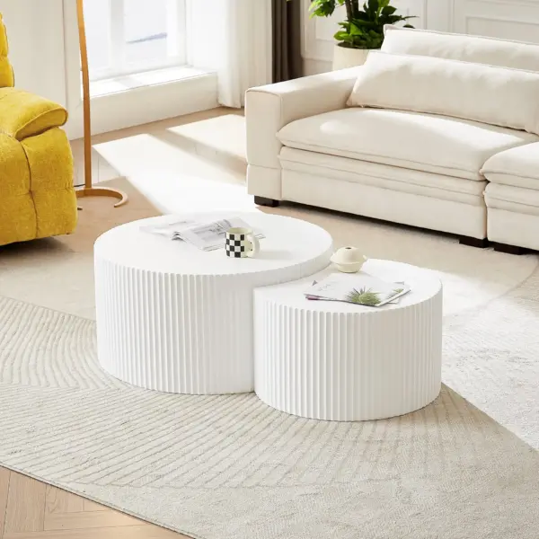 White Nesting table set of 2, Handcraft Relief MDF Coffee Table for Living Room/Office/Leisure Area