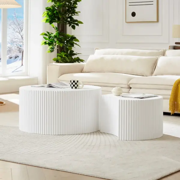 White Nesting table set of 2, Handcraft Relief MDF Coffee Table for Living Room/Office/Leisure Area