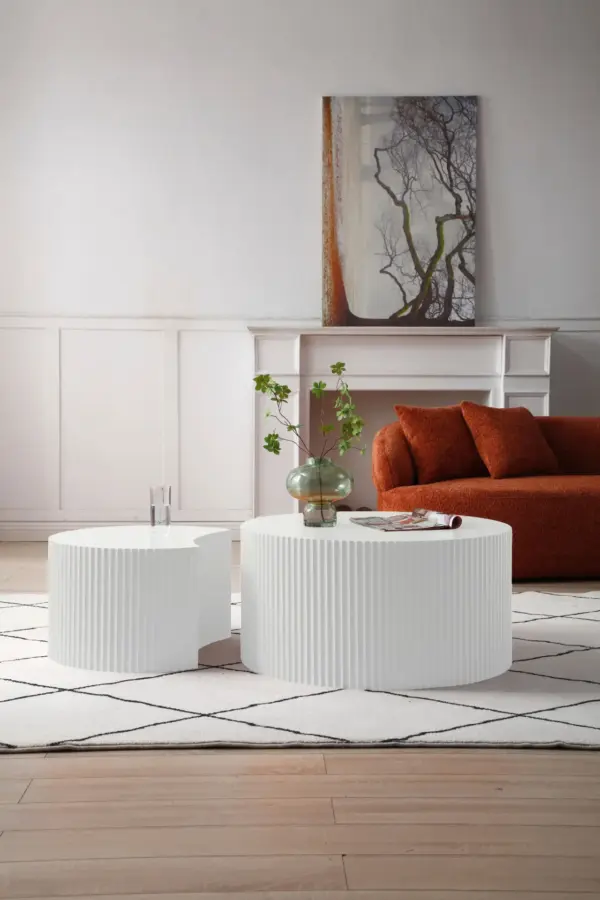 White Nesting table set of 2, Handcraft Relief MDF Coffee Table for Living Room/Office/Leisure Area