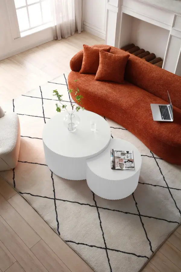 White Nesting table set of 2, Handcraft Relief MDF Coffee Table for Living Room/Office/Leisure Area