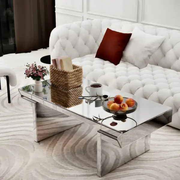 47 Inches Luxury Rectangular Mirror Coffee Table with Fluted Tempered Glass, Modern Sofa Side Table, Easy 2-Step Assembly, Light Luxury Style, Reinforced Packaging