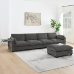 130' Modular Sectional Sofa, L-Shape with Folding Table and Dual-Port Charging, Side Storage Pockets, 2 Armrest Pillows, Free Movement Ottoman, High Density Foam, Chenille, 5 Seat, 2 Colors