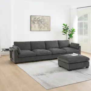 130' Modular Sectional Sofa, L-Shape with Folding Table and Dual-Port Charging, Side Storage Pockets, 2 Armrest Pillows, Free Movement Ottoman, High Density Foam, Chenille, 5 Seat, 2 Colors