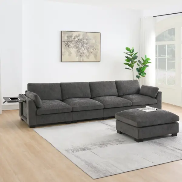 130' Modular Sectional Sofa, L-Shape with Folding Table and Dual-Port Charging, Side Storage Pockets, 2 Armrest Pillows, Free Movement Ottoman, High Density Foam, Chenille, 5 Seat, 2 Colors