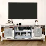 60' Mirrored TV Stand with Crushed Diamond Glass Doors - Modern Media Entertainment Center for Living Room, Adjustable Storage TV Console Table for 65-Inch TV