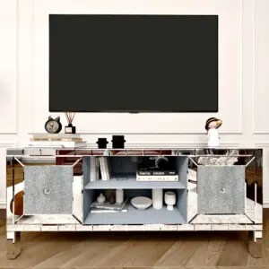 60' Mirrored TV Stand with Crushed Diamond Glass Doors - Modern Media Entertainment Center for Living Room, Adjustable Storage TV Console Table for 65-Inch TV