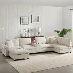 140'' Oversized Modular Sectional Sofa with Movable Storage Ottoman and Console,Removable Storage Pockets,Cup Holder,Wide Seat,USB Charger,6 Seat U Shaped Corduroy Couch for Living Room,2 Color