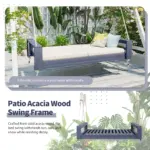 Twin Size Porch Swing Bed Seating Group, Patio Acacia Wood Swing Frame with Hemp Ropes for Garden, Backyard, Gray