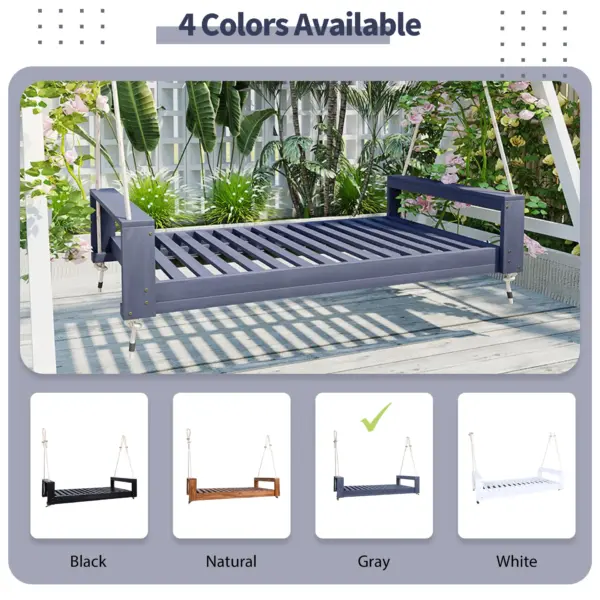 Twin Size Porch Swing Bed Seating Group, Patio Acacia Wood Swing Frame with Hemp Ropes for Garden, Backyard, Gray
