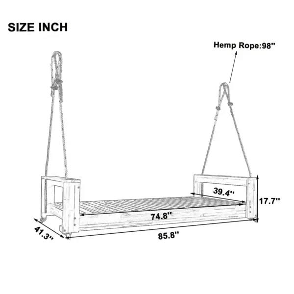 Twin Size Porch Swing Bed Seating Group, Patio Acacia Wood Swing Frame with Hemp Ropes for Garden, Backyard, Gray