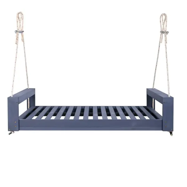 Twin Size Porch Swing Bed Seating Group, Patio Acacia Wood Swing Frame with Hemp Ropes for Garden, Backyard, Gray