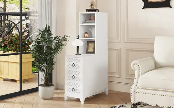 End Table with 3 Drawers, Corner Table with 2 Open Shelves, Tall Side Table for Bedroom and Corner, White,Expect Arrival Date (2025/5/27)