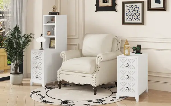 End Table with 3 Drawers, Corner Table with 2 Open Shelves, Tall Side Table for Bedroom and Corner, White,Expect Arrival Date (2025/5/27)