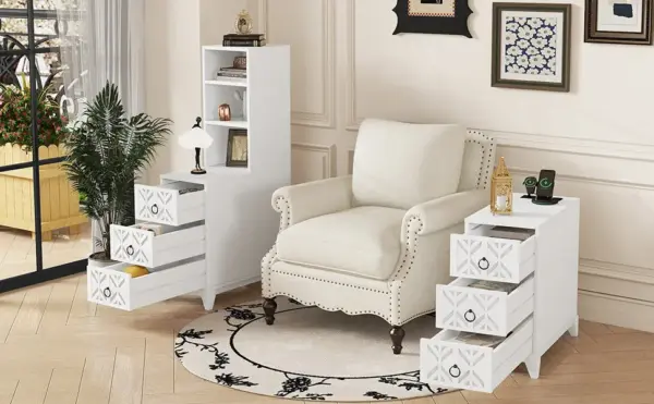End Table with 3 Drawers, Corner Table with 2 Open Shelves, Tall Side Table for Bedroom and Corner, White,Expect Arrival Date (2025/5/27)