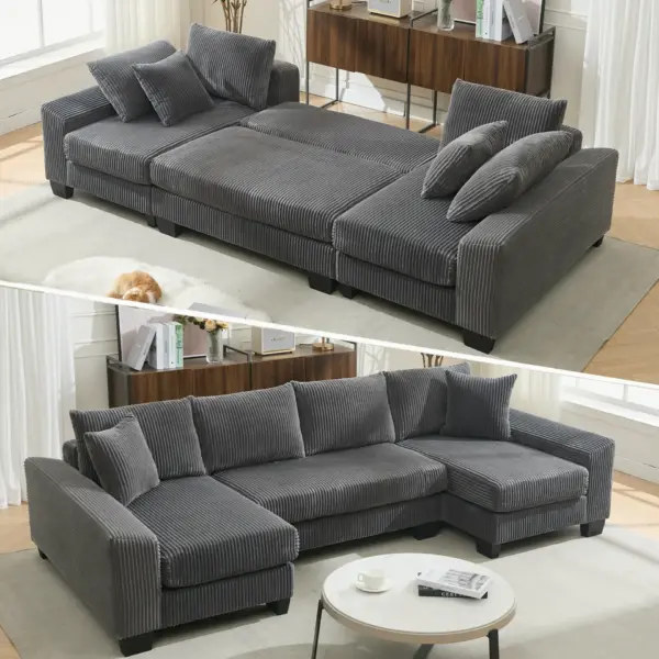 114' Sleeper Sofa,U Shaped Sofa , Pull Out Bed,Convertible Oversize 2 in 1 Sleeper Sofa, Living Room,Upholstery Sofa Bed,Adjustable Sleeper Sofa,Corduroy,Dark Gray