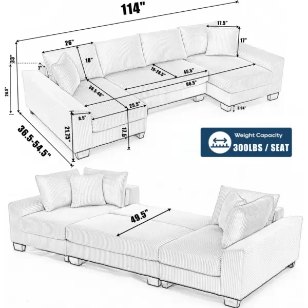 114' Sleeper Sofa,U Shaped Sofa , Pull Out Bed,Convertible Oversize 2 in 1 Sleeper Sofa, Living Room,Upholstery Sofa Bed,Adjustable Sleeper Sofa,Corduroy,Dark Gray