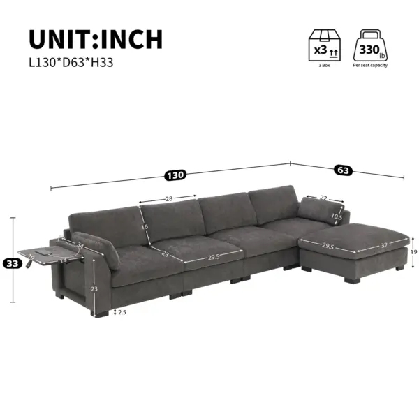 130' Modular Sectional Sofa, L-Shape with Folding Table and Dual-Port Charging, Side Storage Pockets, 2 Armrest Pillows, Free Movement Ottoman, High Density Foam, Chenille, 5 Seat, 2 Colors