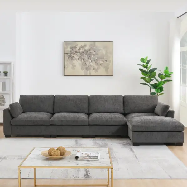 130' Modular Sectional Sofa, L-Shape with Folding Table and Dual-Port Charging, Side Storage Pockets, 2 Armrest Pillows, Free Movement Ottoman, High Density Foam, Chenille, 5 Seat, 2 Colors