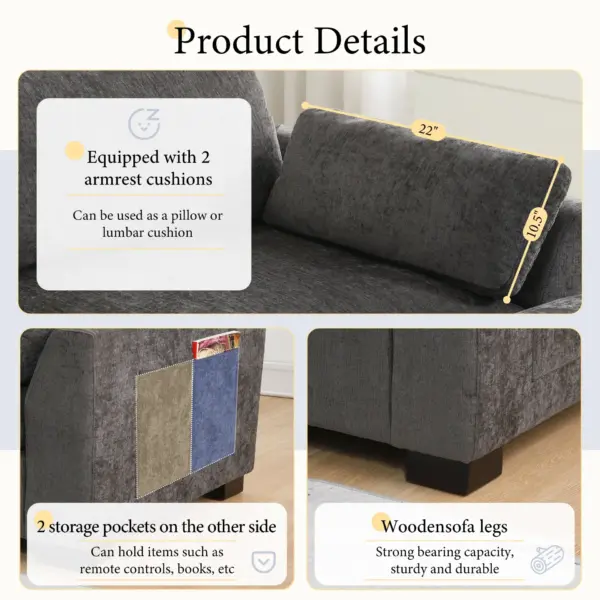 130' Modular Sectional Sofa, L-Shape with Folding Table and Dual-Port Charging, Side Storage Pockets, 2 Armrest Pillows, Free Movement Ottoman, High Density Foam, Chenille, 5 Seat, 2 Colors
