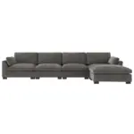 130' Modular Sectional Sofa, L-Shape with Folding Table and Dual-Port Charging, Side Storage Pockets, 2 Armrest Pillows, Free Movement Ottoman, High Density Foam, Chenille, 5 Seat, 2 Colors