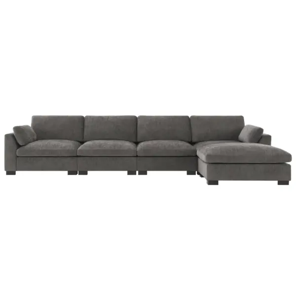 130' Modular Sectional Sofa, L-Shape with Folding Table and Dual-Port Charging, Side Storage Pockets, 2 Armrest Pillows, Free Movement Ottoman, High Density Foam, Chenille, 5 Seat, 2 Colors