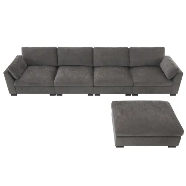 130' Modular Sectional Sofa, L-Shape with Folding Table and Dual-Port Charging, Side Storage Pockets, 2 Armrest Pillows, Free Movement Ottoman, High Density Foam, Chenille, 5 Seat, 2 Colors