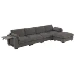 130' Modular Sectional Sofa, L-Shape with Folding Table and Dual-Port Charging, Side Storage Pockets, 2 Armrest Pillows, Free Movement Ottoman, High Density Foam, Chenille, 5 Seat, 2 Colors