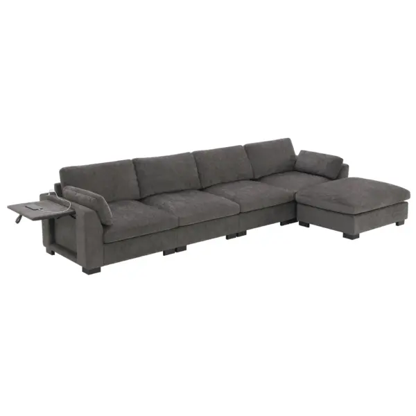 130' Modular Sectional Sofa, L-Shape with Folding Table and Dual-Port Charging, Side Storage Pockets, 2 Armrest Pillows, Free Movement Ottoman, High Density Foam, Chenille, 5 Seat, 2 Colors