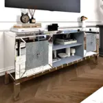 60' Mirrored TV Stand with Crushed Diamond Glass Doors - Modern Media Entertainment Center for Living Room, Adjustable Storage TV Console Table for 65-Inch TV