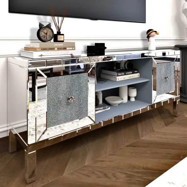 60' Mirrored TV Stand with Crushed Diamond Glass Doors - Modern Media Entertainment Center for Living Room, Adjustable Storage TV Console Table for 65-Inch TV