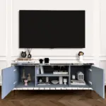 60' Mirrored TV Stand with Crushed Diamond Glass Doors - Modern Media Entertainment Center for Living Room, Adjustable Storage TV Console Table for 65-Inch TV